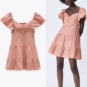 Zara Light Pink Embroidered Eyelet Puff Sleeve Mini Sundress